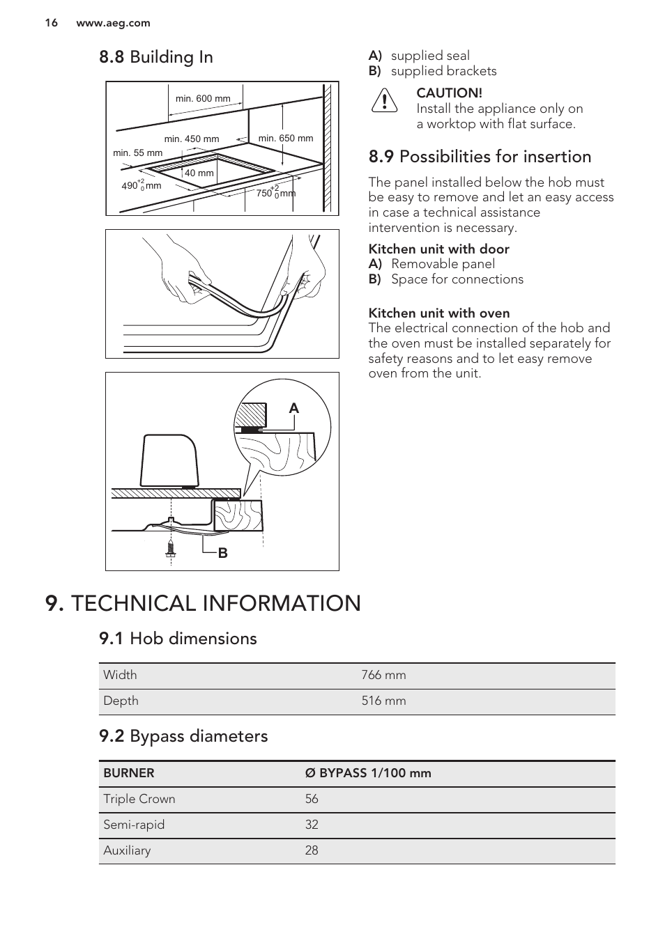 8 building in, 9 possibilities for insertion, Technical information | 1 hob dimensions, 2 bypass diameters | AEG HG654320NM User Manual | Page 16 / 20