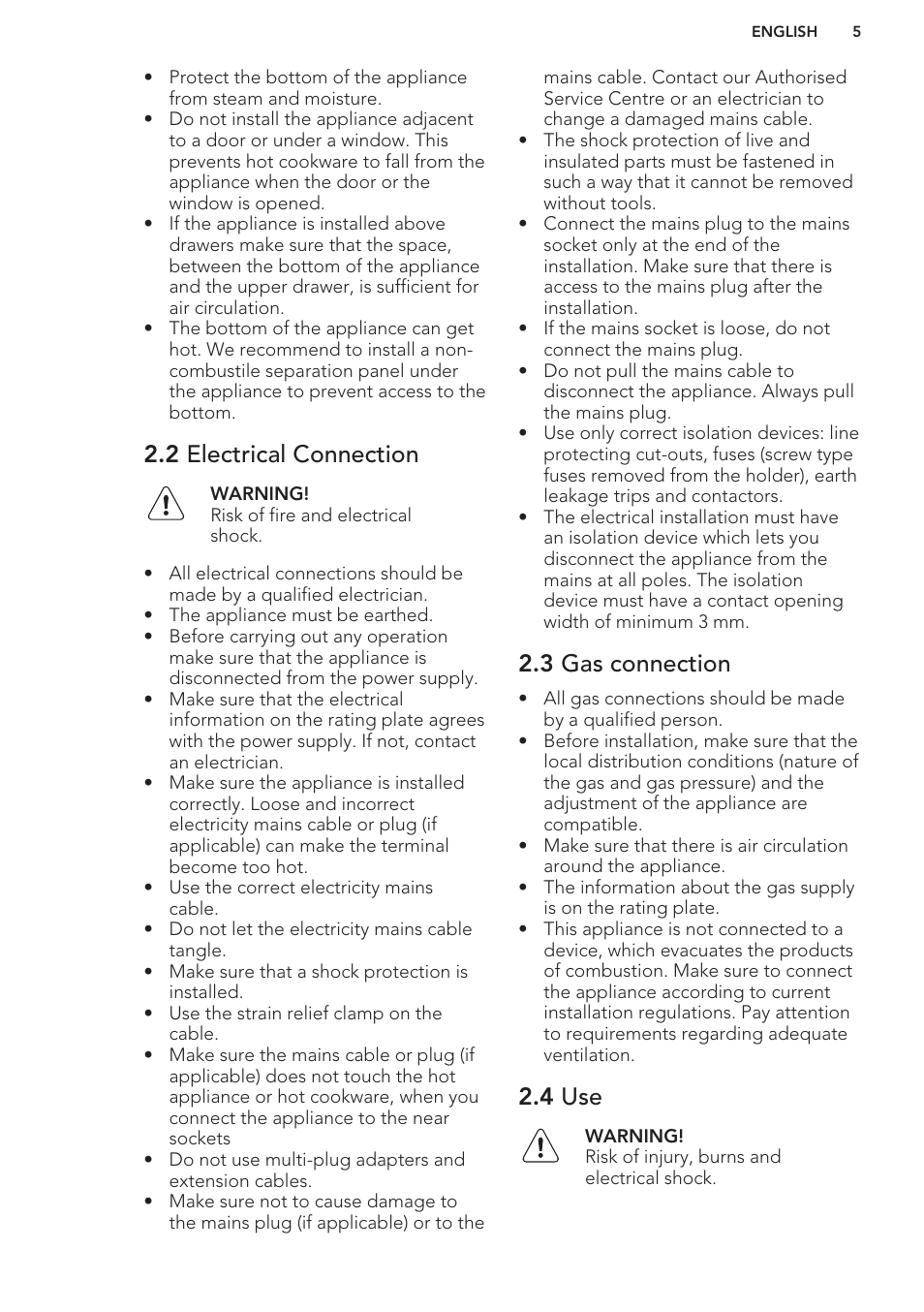 2 electrical connection, 3 gas connection, 4 use | AEG HG654320NM User Manual | Page 5 / 20