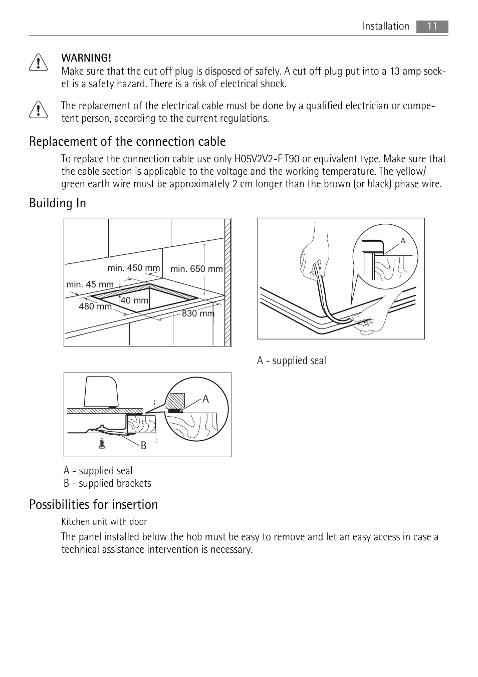 Replacement of the connection cable, Building in, Possibilities for insertion | AEG HG694340XB User Manual | Page 11 / 24