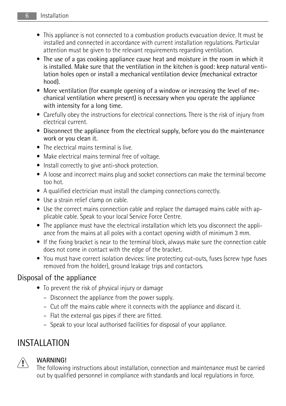 Installation, Disposal of the appliance | AEG HG694340XB User Manual | Page 6 / 24