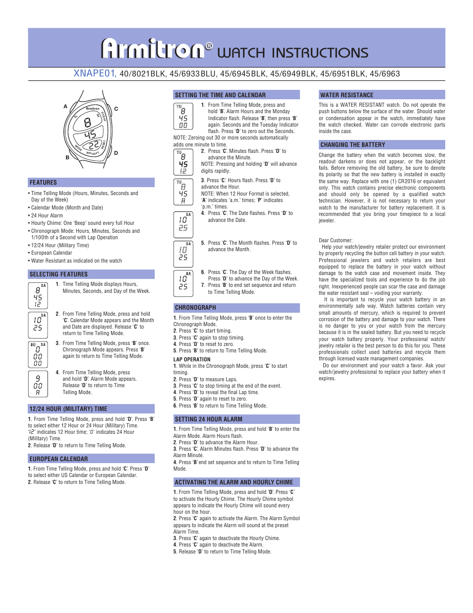 Armitronladiesdigital2.pdf, Armitron, Tron | Watch instructions, Xnape01 | Armitron M296-M298 User Manual | Page 2 / 2