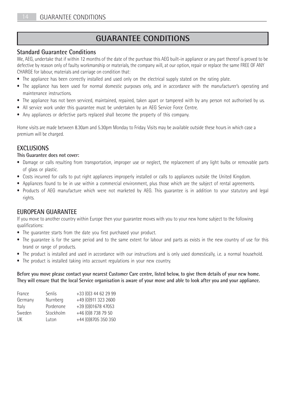 Guarantee conditions | AEG X66453BV0 User Manual | Page 14 / 20