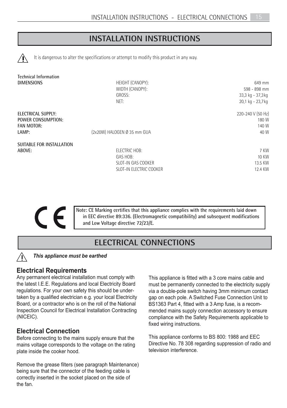 Installation instructions, Electrical connections, Electrical requirements | Electrical connection | AEG X66453BV0 User Manual | Page 15 / 20