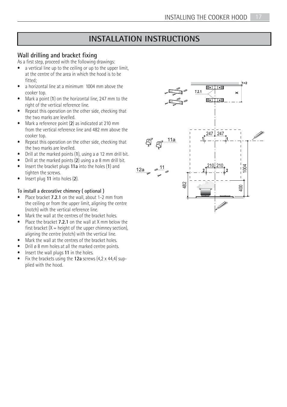 Installation instructions, Installing the cooker hood 17, Wall drilling and bracket fixing | AEG X66453BV0 User Manual | Page 17 / 20