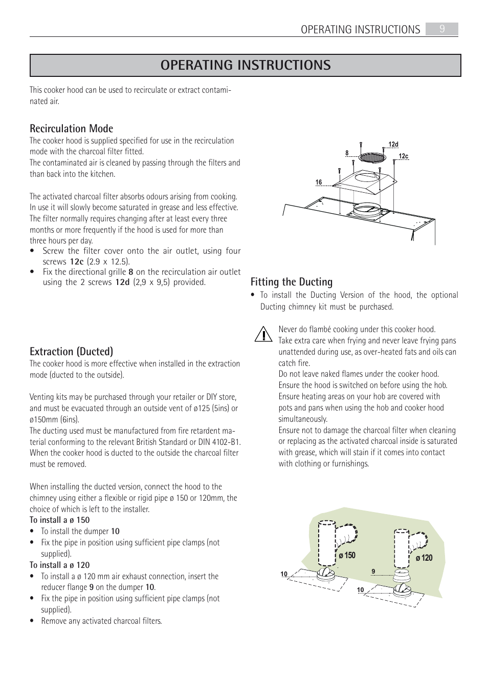 Operating instructions, Operating instructions 9, Recirculation mode | Extraction (ducted), Fitting the ducting | AEG X66453BV0 User Manual | Page 9 / 20