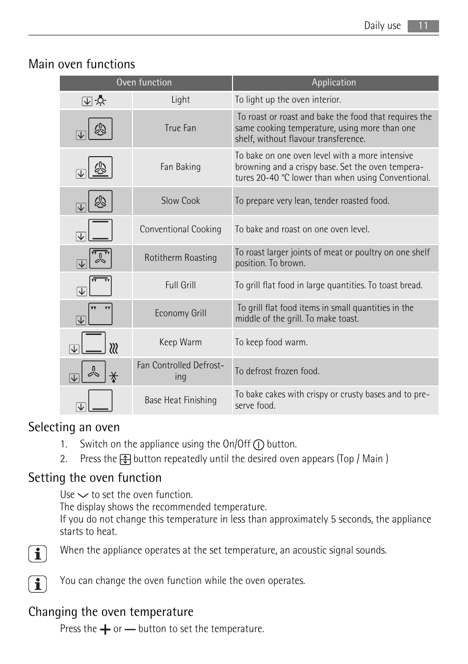 Main oven functions, Selecting an oven, Setting the oven function | Changing the oven temperature | AEG DE4003000M User Manual | Page 11 / 40