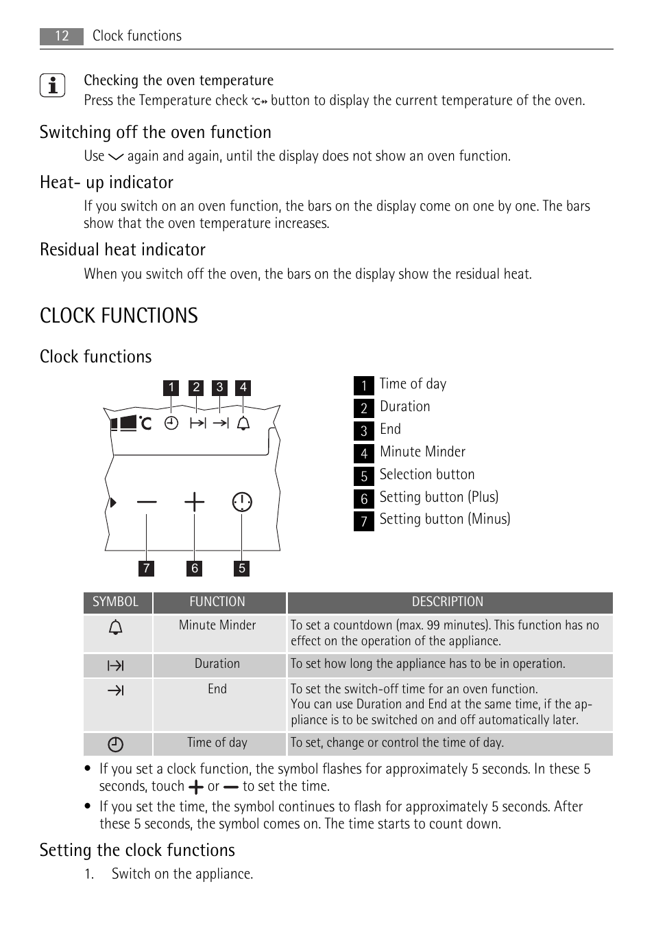 Clock functions, Switching off the oven function, Heat- up indicator | Residual heat indicator, Setting the clock functions | AEG DE4003000M User Manual | Page 12 / 40