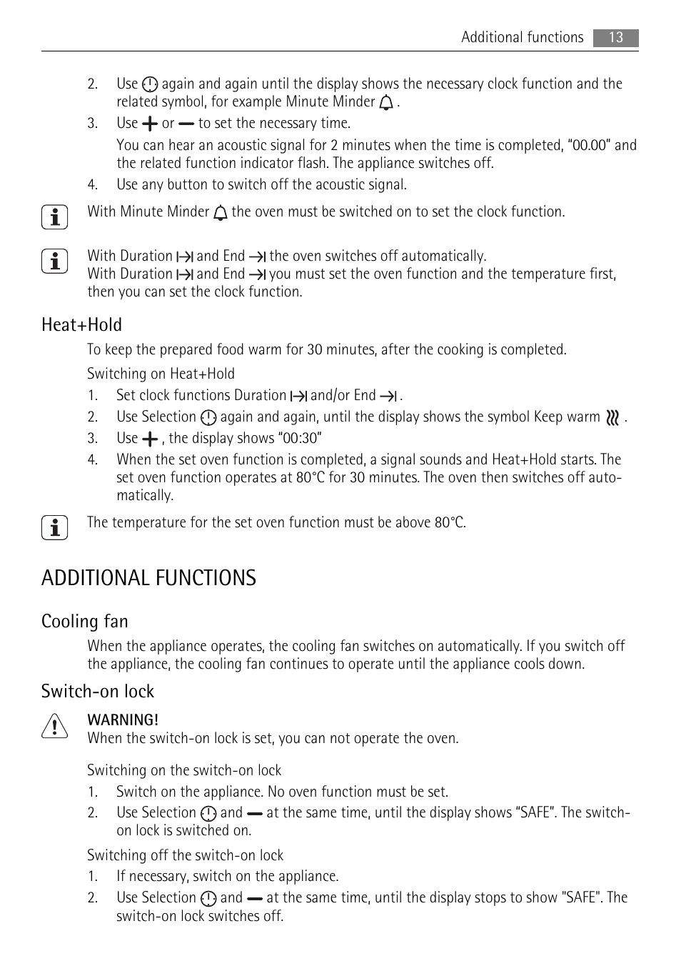 Additional functions, Heat+hold, Cooling fan | Switch-on lock | AEG DE4003000M User Manual | Page 13 / 40
