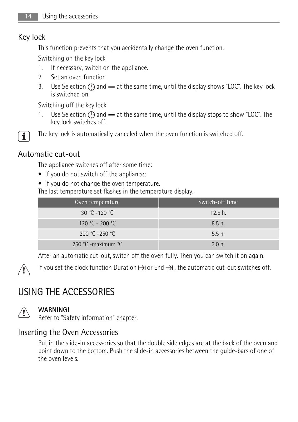 Using the accessories, Key lock, Automatic cut-out | Inserting the oven accessories | AEG DE4003000M User Manual | Page 14 / 40