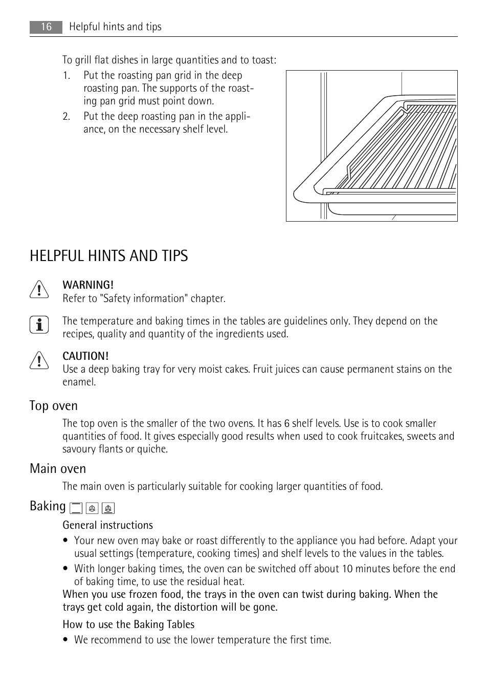 Helpful hints and tips, Top oven, Main oven | Baking | AEG DE4003000M User Manual | Page 16 / 40