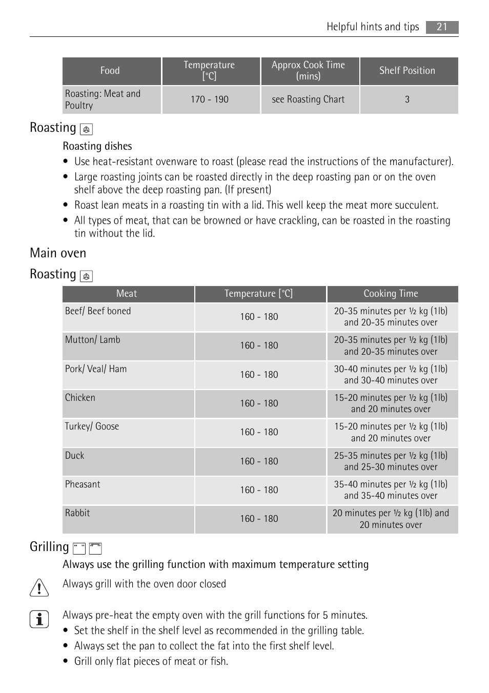 Roasting, Main oven roasting, Grilling | AEG DE4003000M User Manual | Page 21 / 40