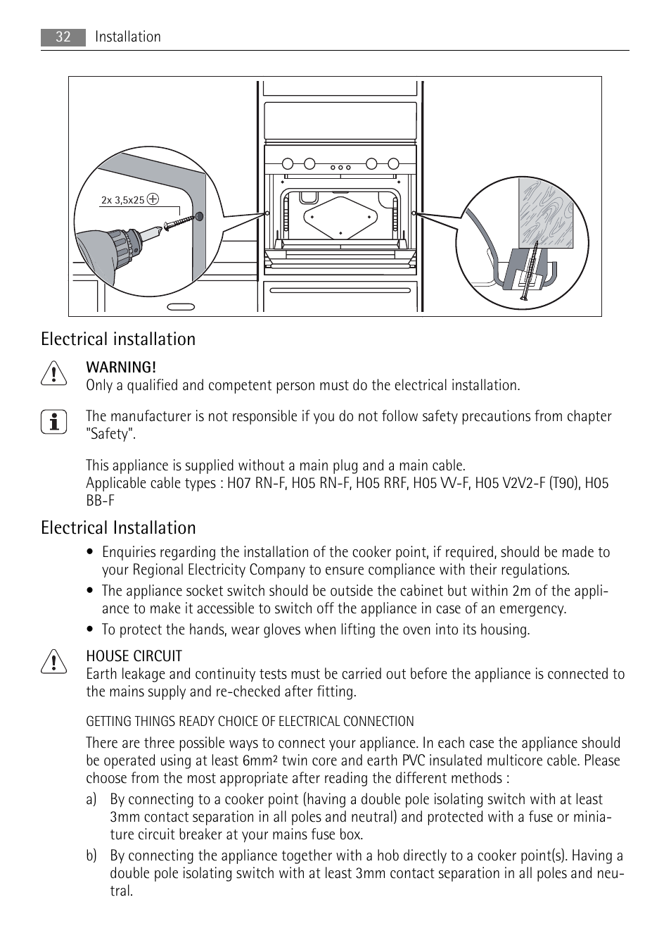 Electrical installation | AEG DE4003000M User Manual | Page 32 / 40