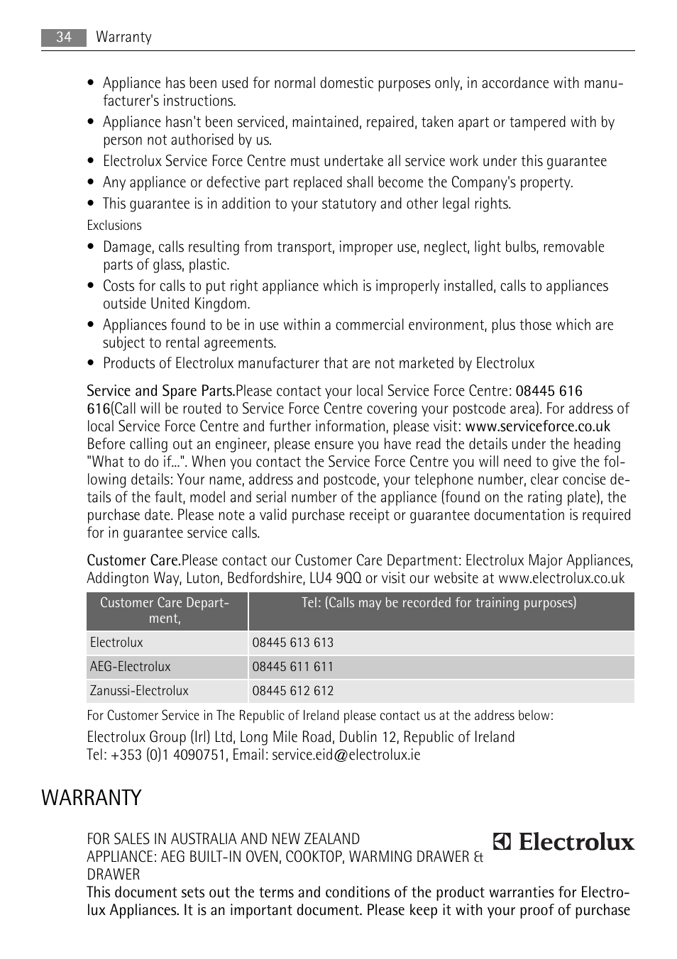Warranty | AEG DE4003000M User Manual | Page 34 / 40