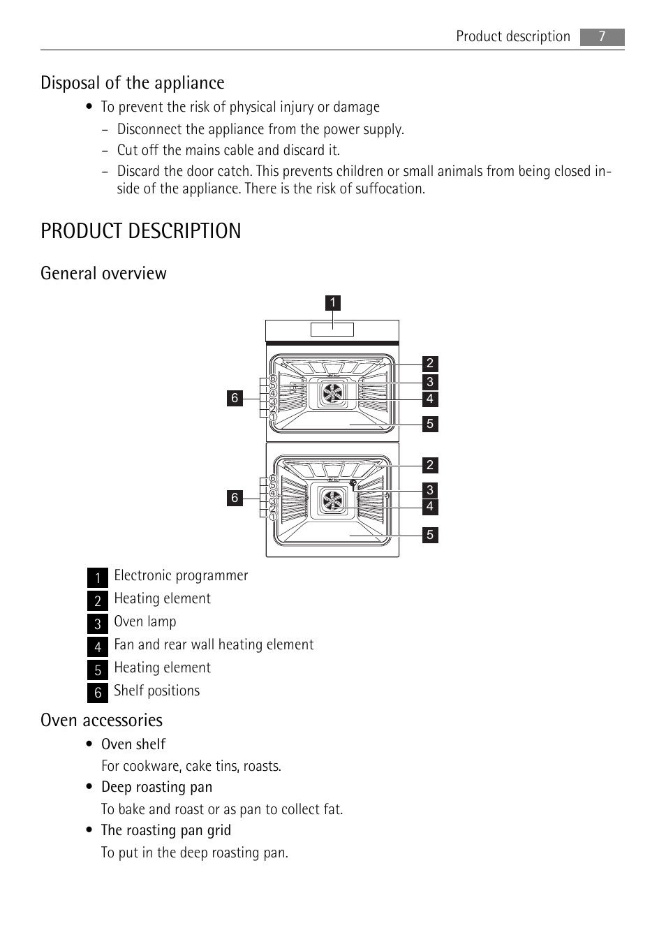 Product description, Disposal of the appliance, General overview | Oven accessories | AEG DE4003000M User Manual | Page 7 / 40