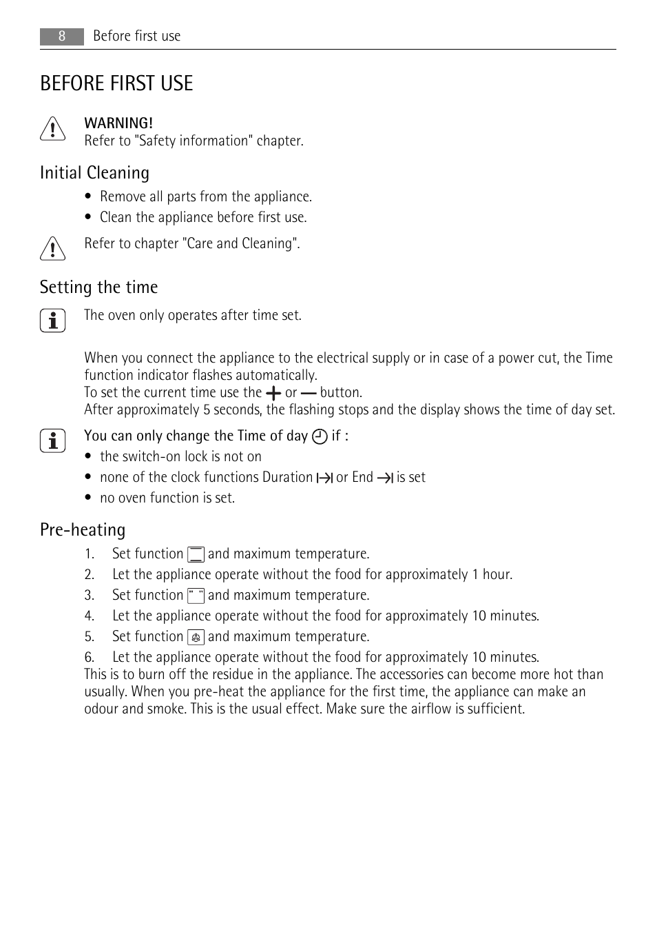 Before first use, Initial cleaning, Setting the time | Pre-heating | AEG DE4003000M User Manual | Page 8 / 40