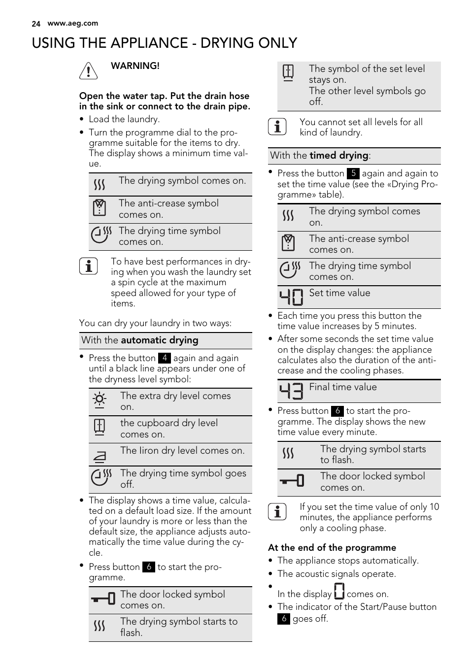 Using the appliance - drying only | AEG L99695HWD User Manual | Page 24 / 48