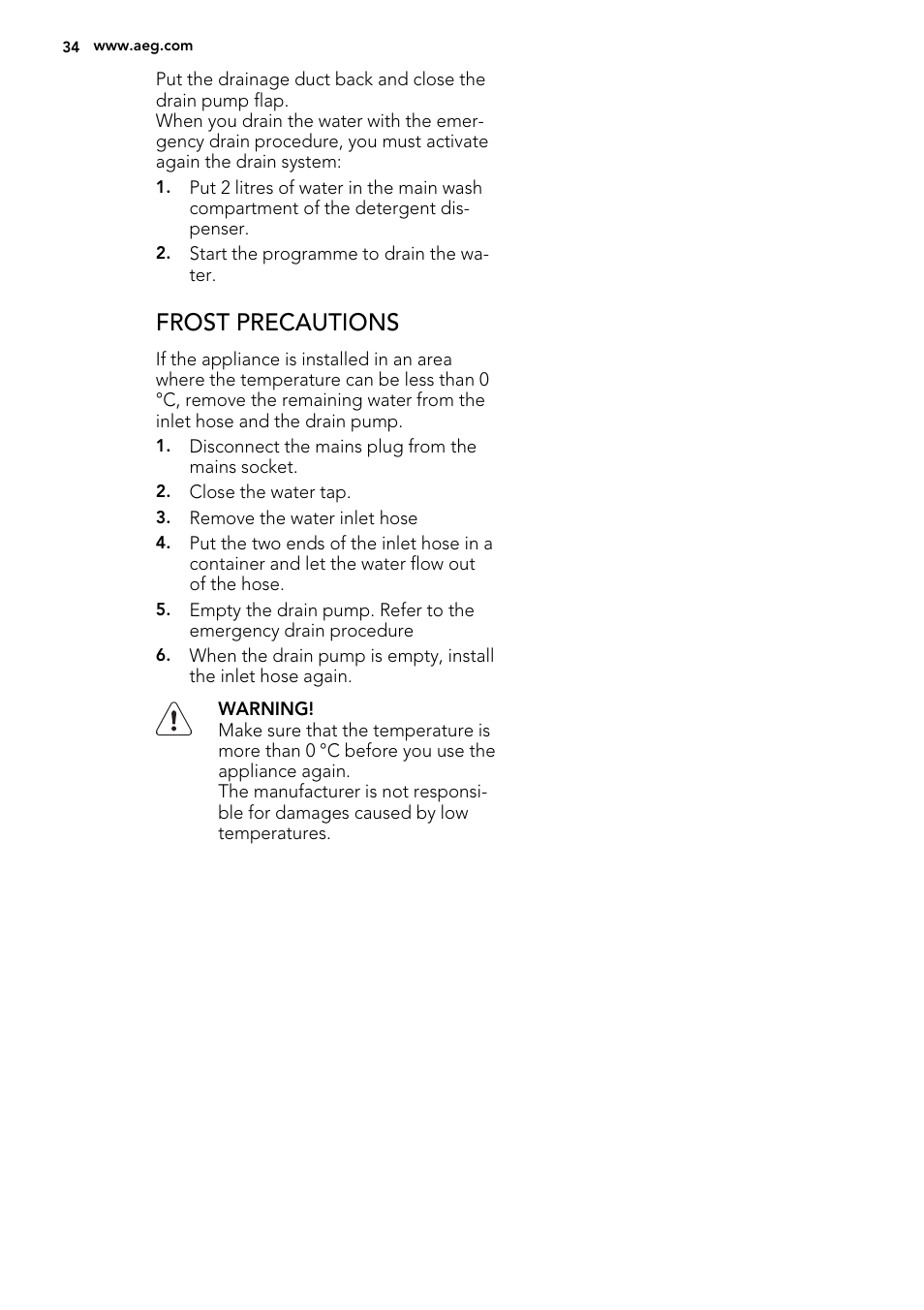 Frost precautions | AEG L99695HWD User Manual | Page 34 / 48