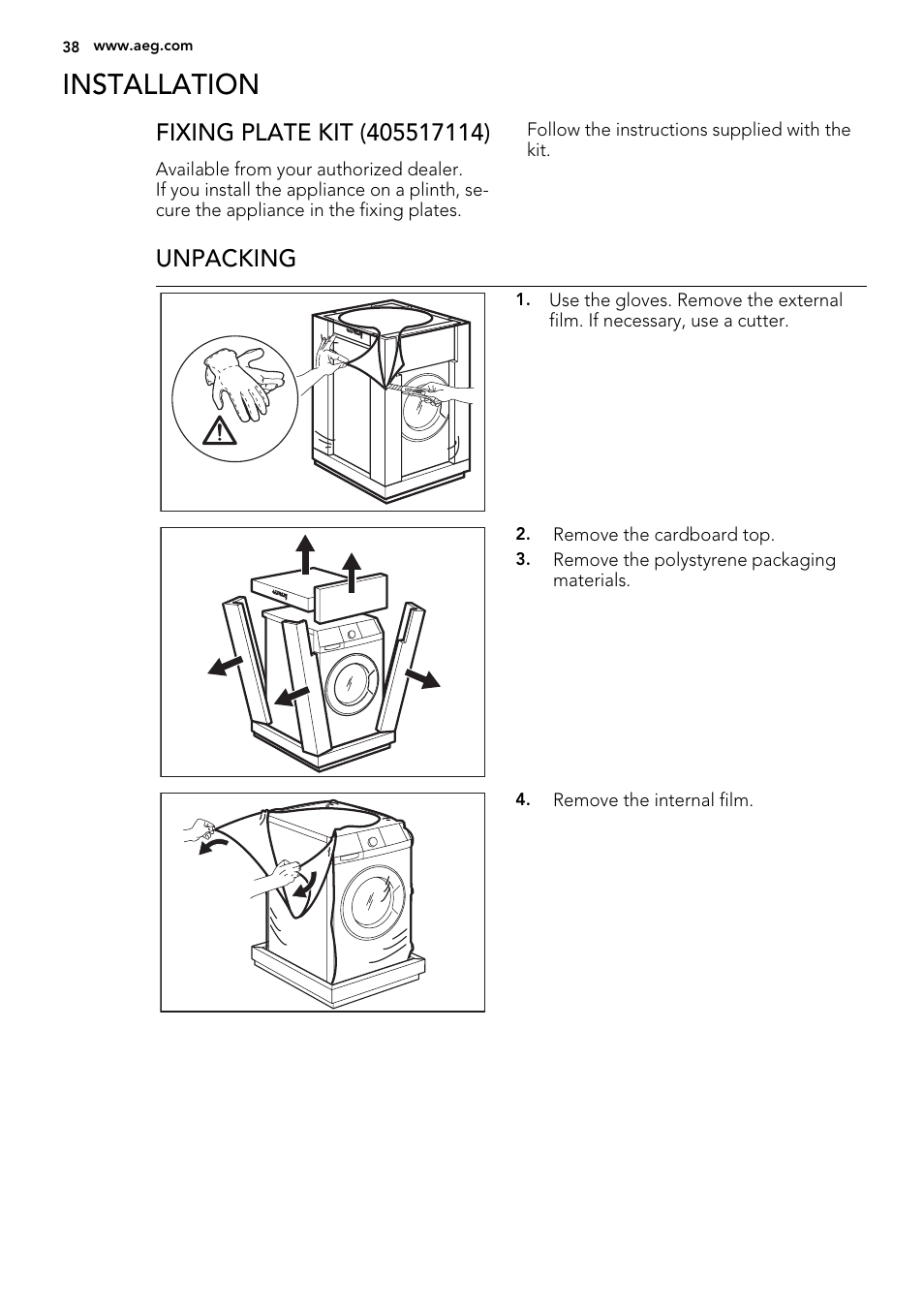 Installation, Unpacking | AEG L99695HWD User Manual | Page 38 / 48