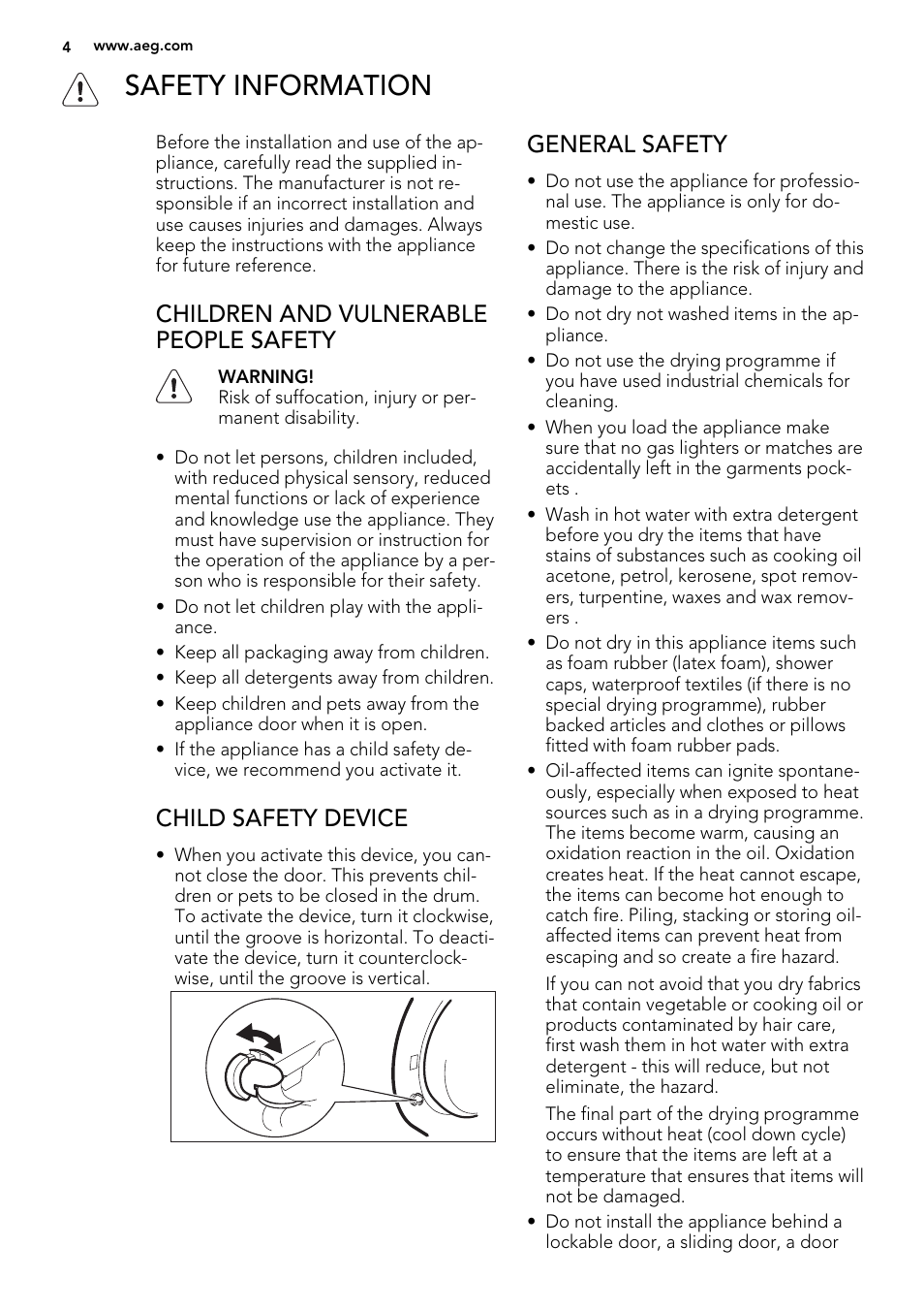 Safety information, Children and vulnerable people safety, Child safety device | General safety | AEG L99695HWD User Manual | Page 4 / 48