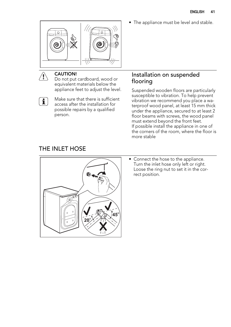 Installation on suspended flooring, The inlet hose | AEG L99695HWD User Manual | Page 41 / 48