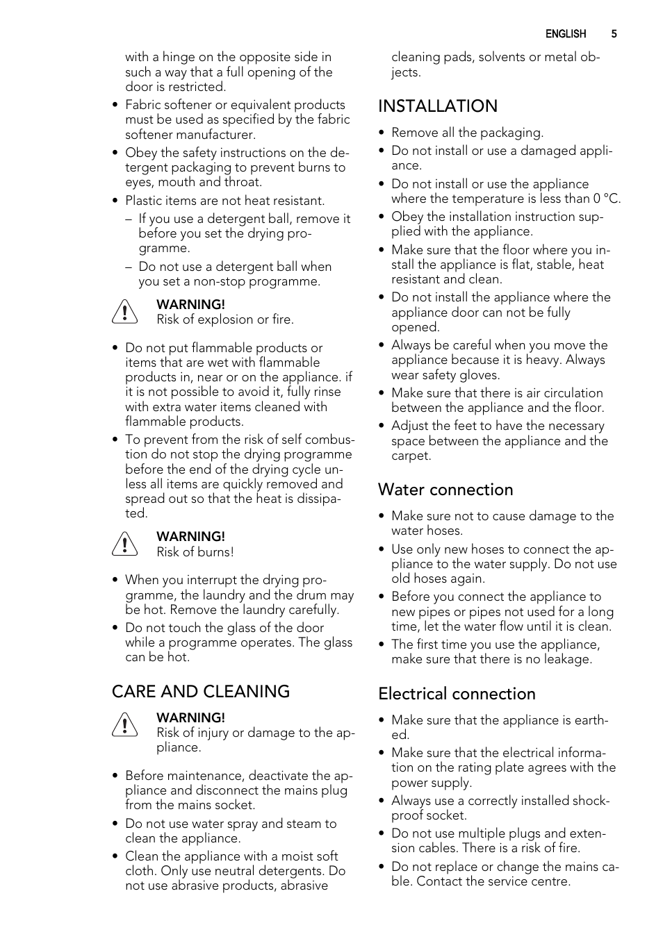 Care and cleaning, Installation, Water connection | Electrical connection | AEG L99695HWD User Manual | Page 5 / 48