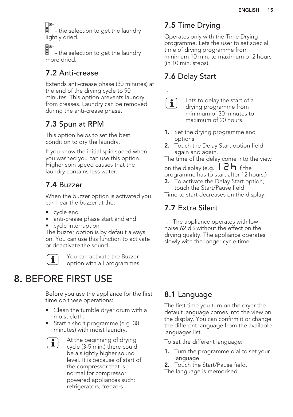 2 anti-crease, 3 spun at rpm, 4 buzzer | 5 time drying, 6 delay start, 7 extra silent, Before first use, 1 language | AEG T96699IH User Manual | Page 15 / 28