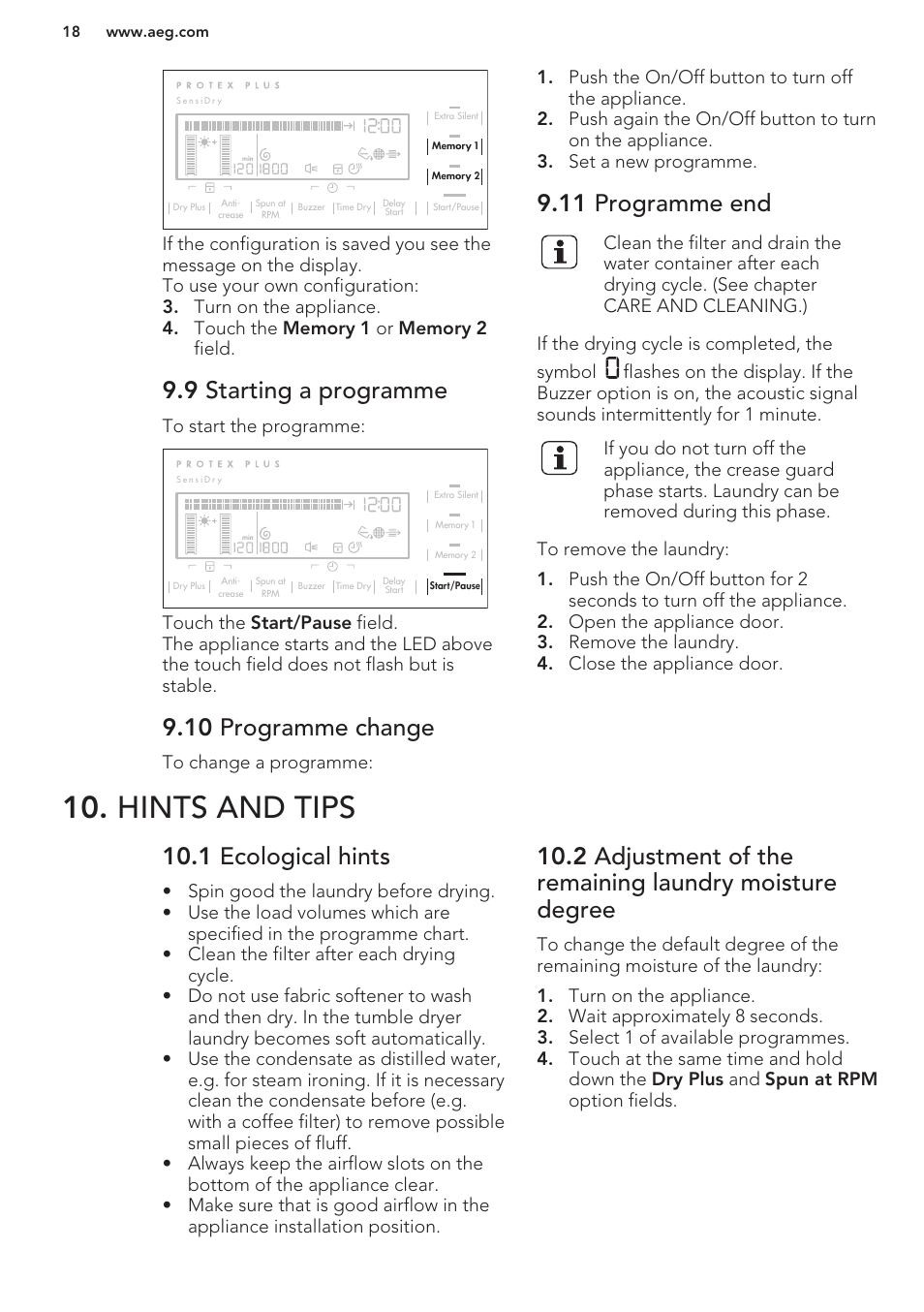 9 starting a programme, 10 programme change, 11 programme end | Hints and tips, 1 ecological hints | AEG T96699IH User Manual | Page 18 / 28