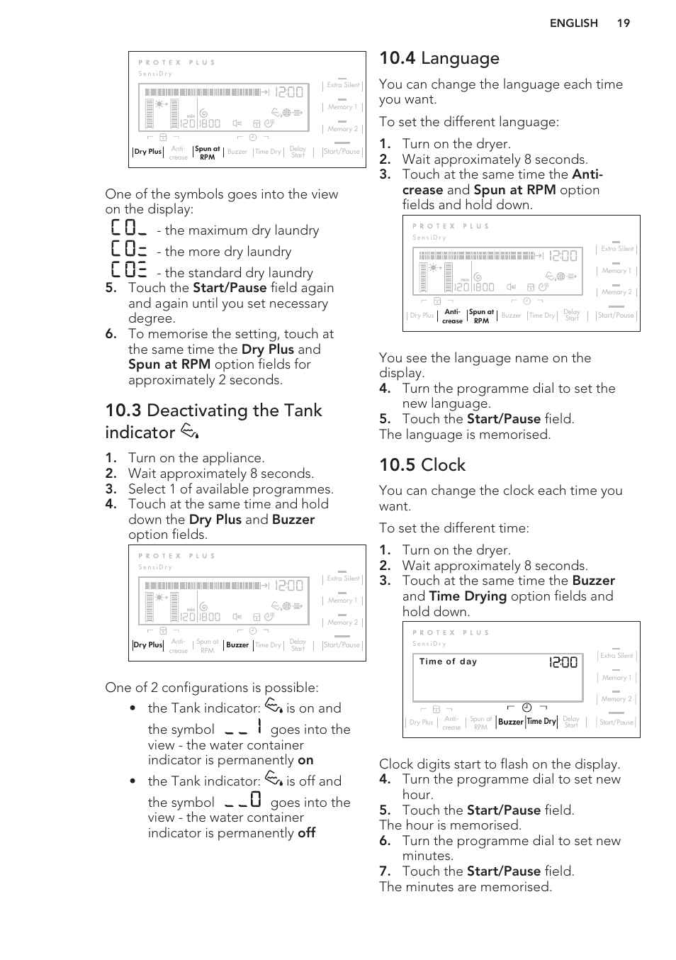 3 deactivating the tank indicator, 4 language, 5 clock | Care and cleaning | AEG T96699IH User Manual | Page 19 / 28