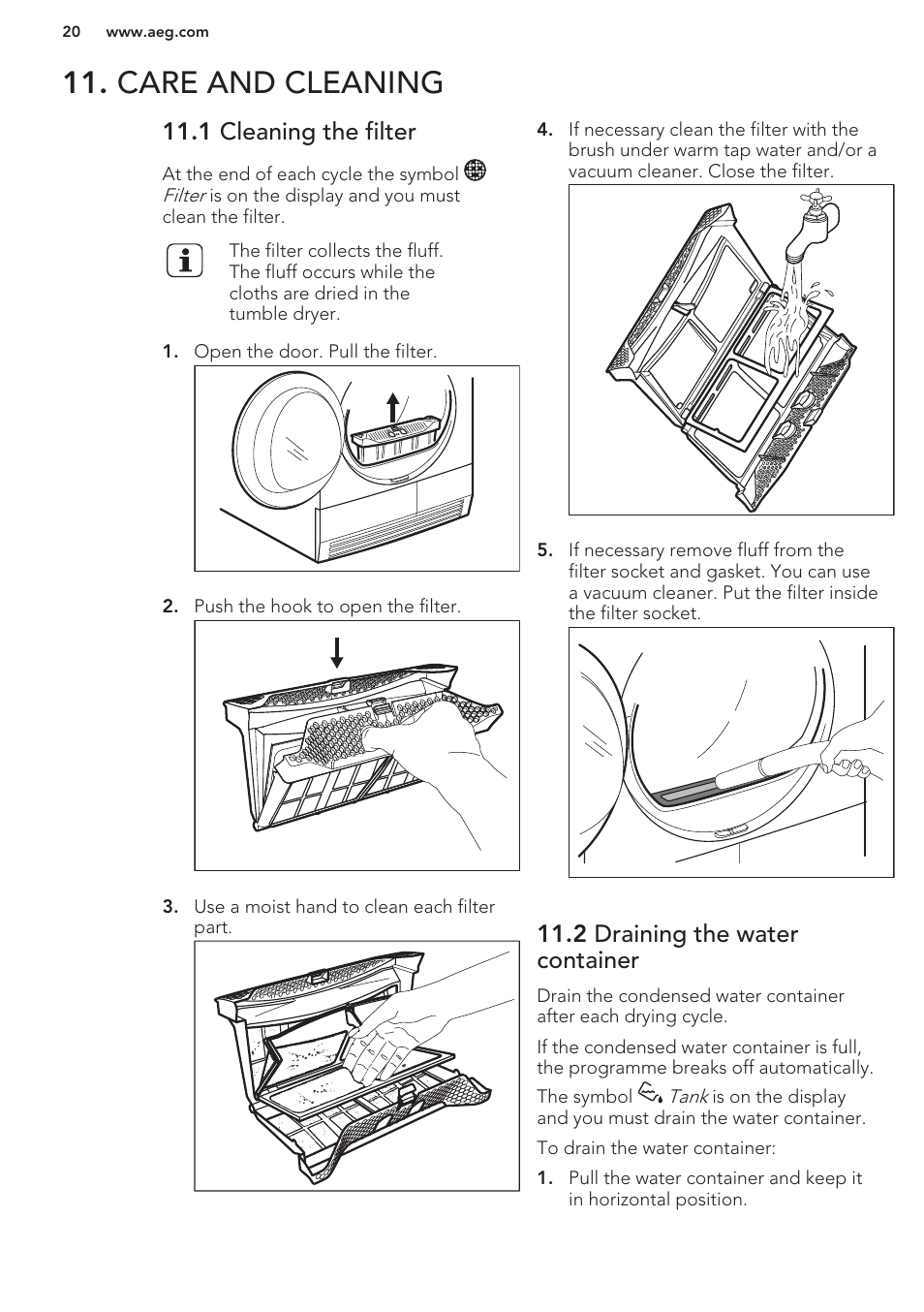 1 cleaning the filter, 2 draining the water container, Care and cleaning | AEG T96699IH User Manual | Page 20 / 28