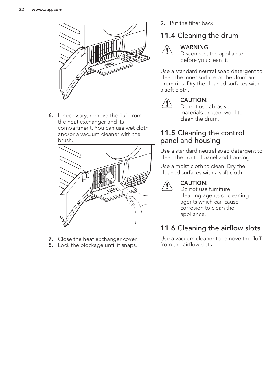 4 cleaning the drum, 5 cleaning the control panel and housing, 6 cleaning the airflow slots | AEG T96699IH User Manual | Page 22 / 28