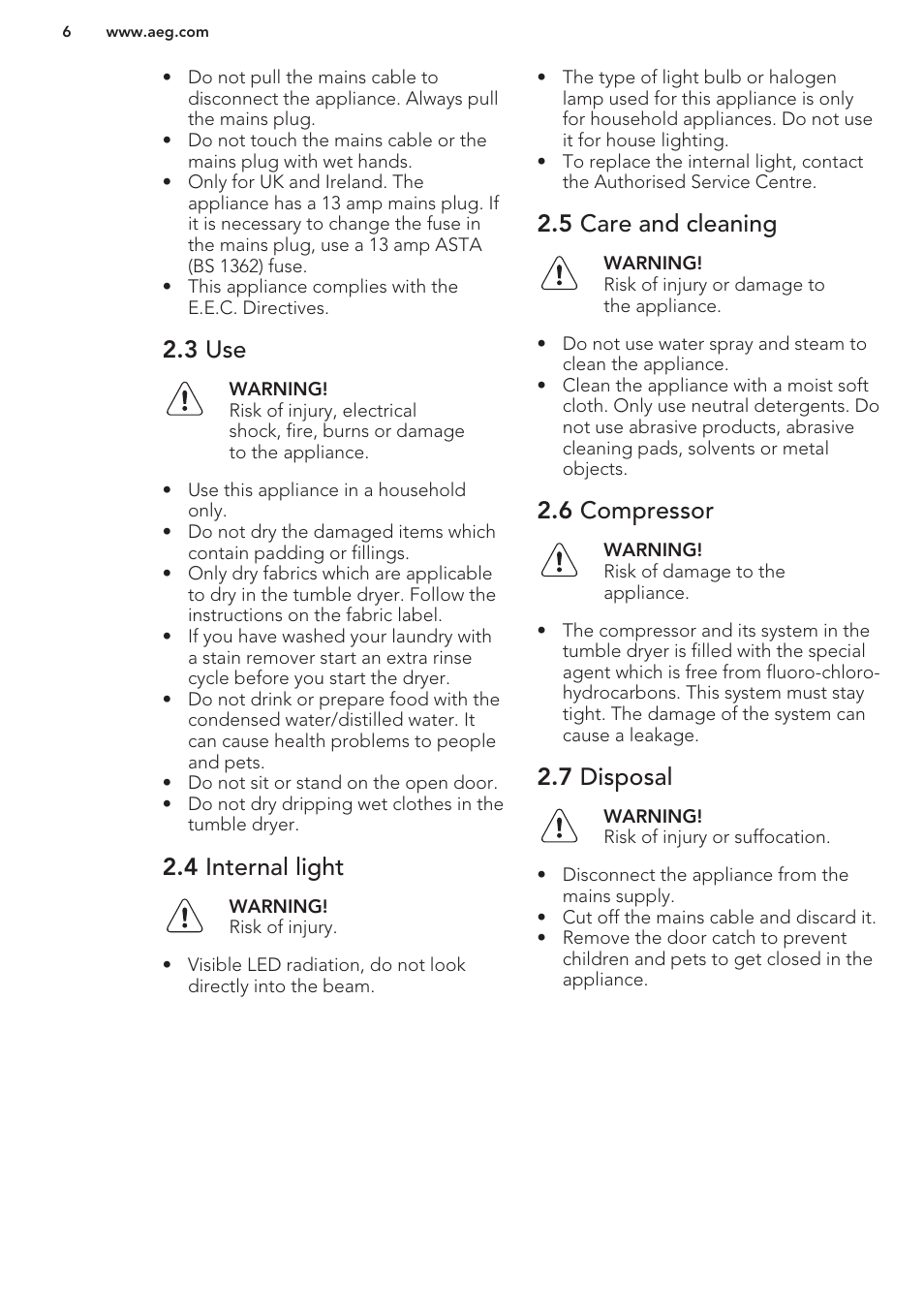 3 use, 4 internal light, 5 care and cleaning | 6 compressor, 7 disposal | AEG T96699IH User Manual | Page 6 / 28