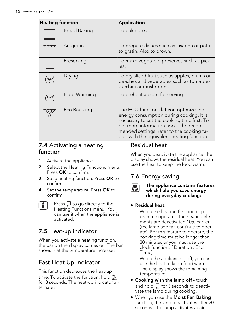 4 activating a heating function, 5 heat-up indicator, Fast heat up indicator | Residual heat, 6 energy saving | AEG KE8404021M User Manual | Page 12 / 44