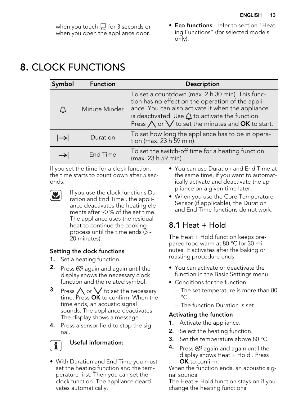 Clock functions, 1 heat + hold | AEG KE8404021M User Manual | Page 13 / 44