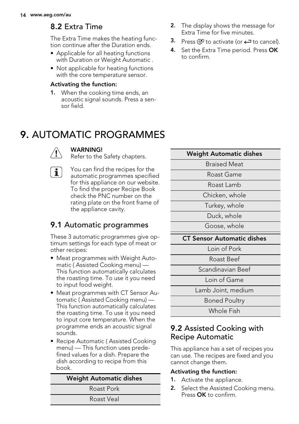 Automatic programmes, 2 extra time, 1 automatic programmes | 2 assisted cooking with recipe automatic | AEG KE8404021M User Manual | Page 14 / 44