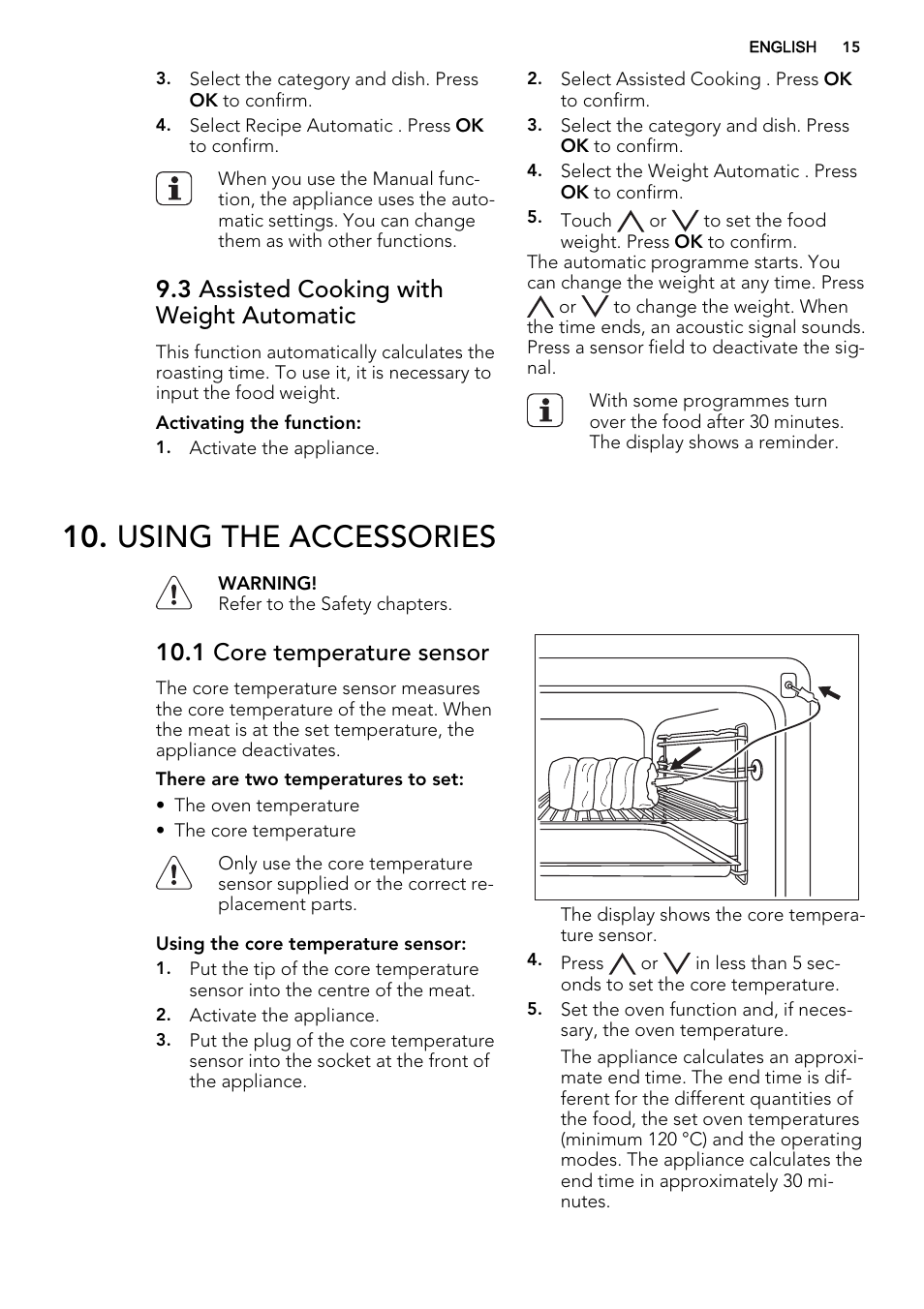Using the accessories, 3 assisted cooking with weight automatic, 1 core temperature sensor | AEG KE8404021M User Manual | Page 15 / 44