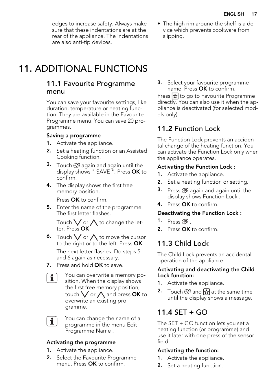 Additional functions, 1 favourite programme menu, 2 function lock | 3 child lock, 4 set + go | AEG KE8404021M User Manual | Page 17 / 44