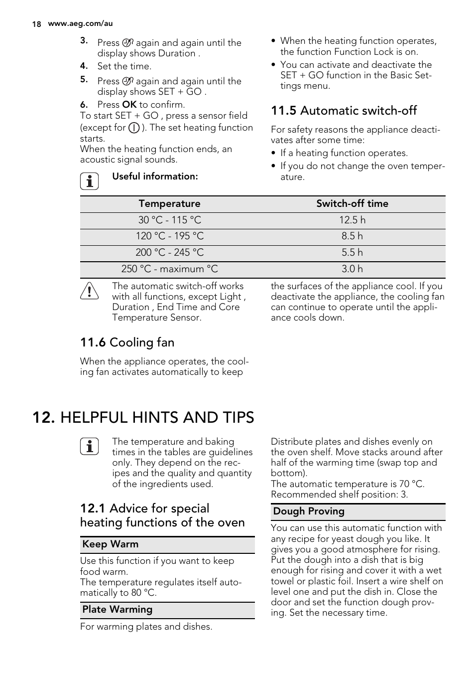 Helpful hints and tips, 5 automatic switch-off, 6 cooling fan | 1 advice for special heating functions of the oven | AEG KE8404021M User Manual | Page 18 / 44