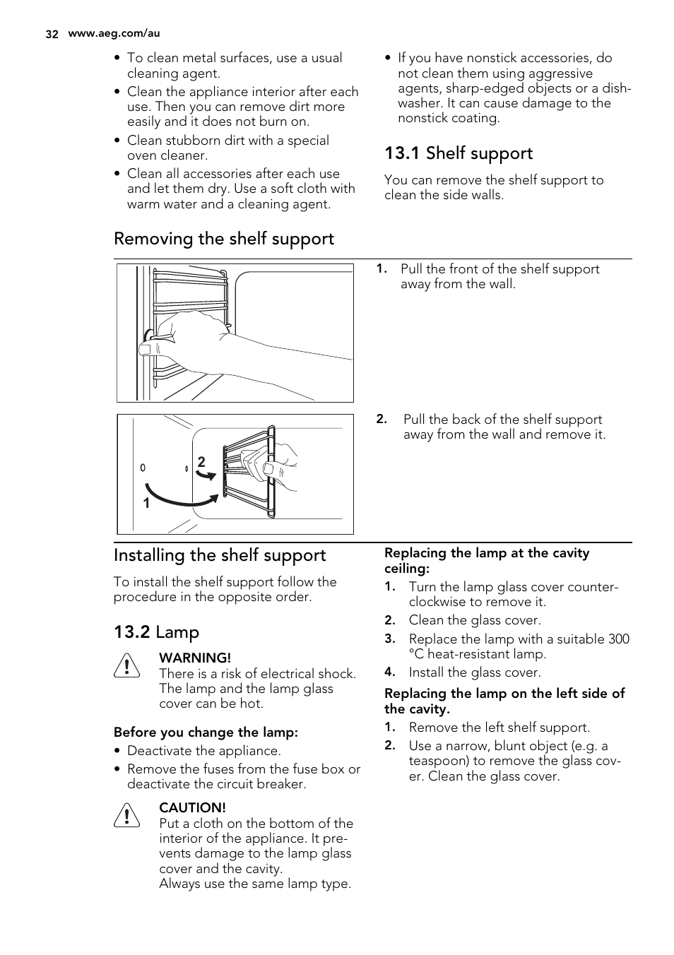 1 shelf support, Removing the shelf support, Installing the shelf support | 2 lamp | AEG KE8404021M User Manual | Page 32 / 44