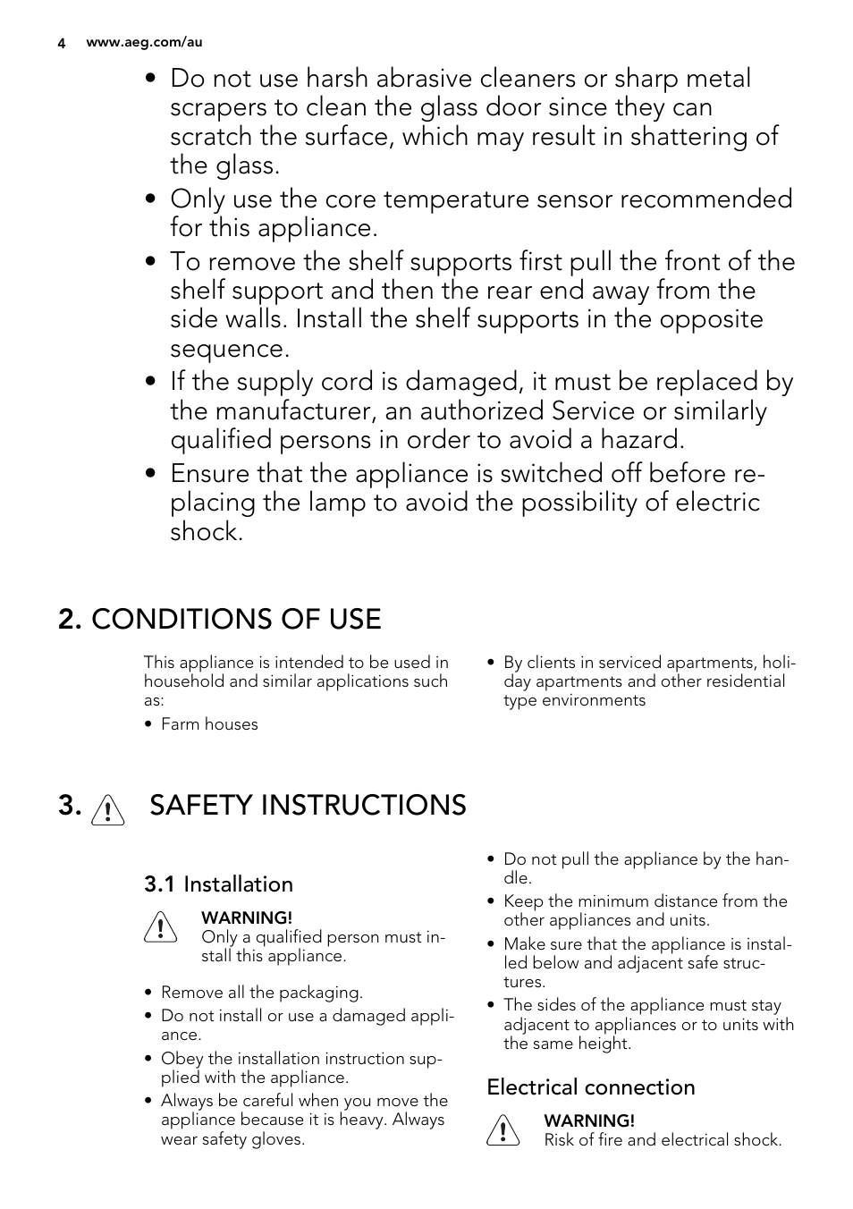 Conditions of use, Safety instructions | AEG KE8404021M User Manual | Page 4 / 44