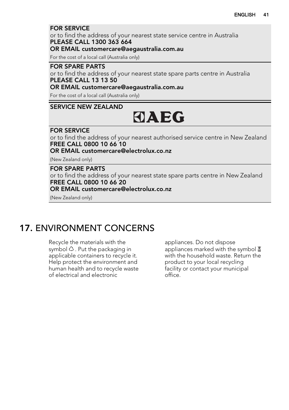 Environment concerns | AEG KE8404021M User Manual | Page 41 / 44