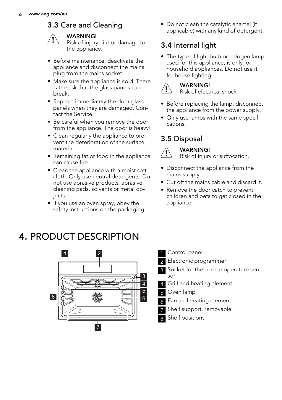 Product description, 3 care and cleaning, 4 internal light | 5 disposal | AEG KE8404021M User Manual | Page 6 / 44