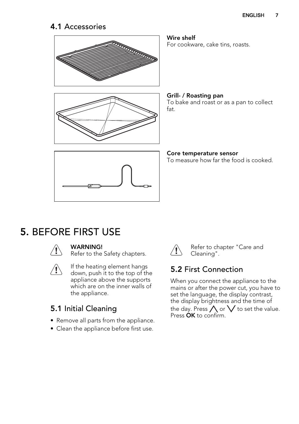 Before first use, 1 accessories, 1 initial cleaning | 2 first connection | AEG KE8404021M User Manual | Page 7 / 44