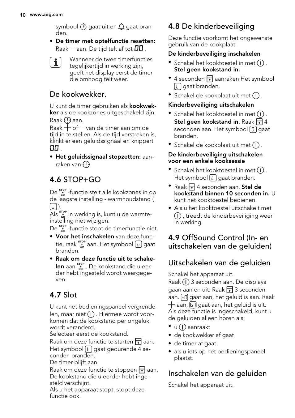 De kookwekker, 6 stop+go, 7 slot | 8 de kinderbeveiliging, Inschakelen van de geluiden | AEG HC452020EB User Manual | Page 10 / 72