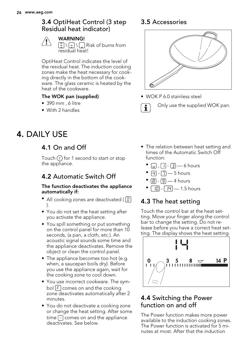 Daily use, 5 accessories, 1 on and off | 2 automatic switch off, 3 the heat setting, 4 switching the power function on and off | AEG HC452020EB User Manual | Page 26 / 72