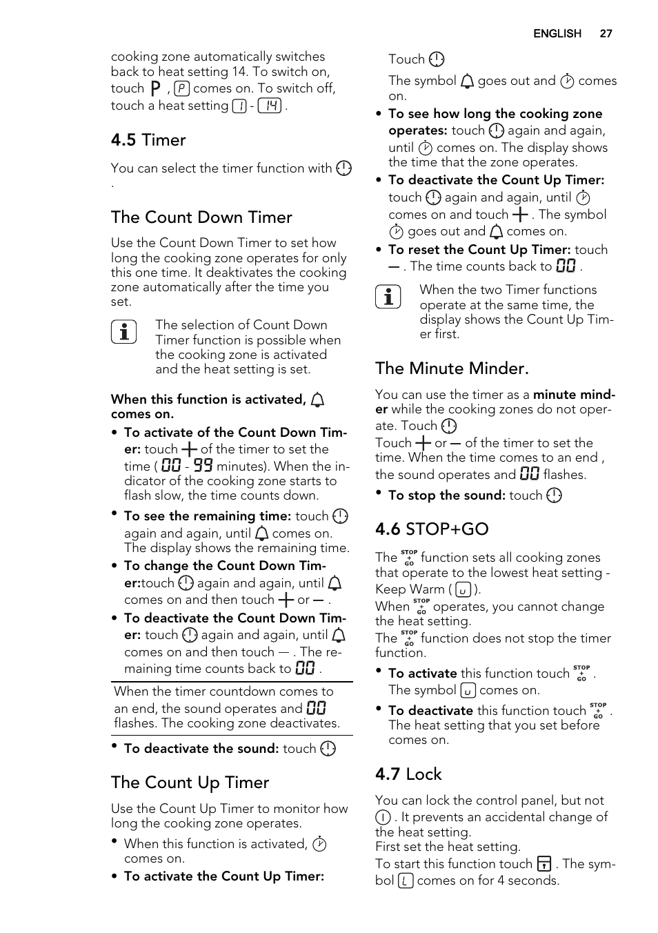 5 timer, The count down timer, The count up timer | The minute minder, 6 stop+go, 7 lock | AEG HC452020EB User Manual | Page 27 / 72