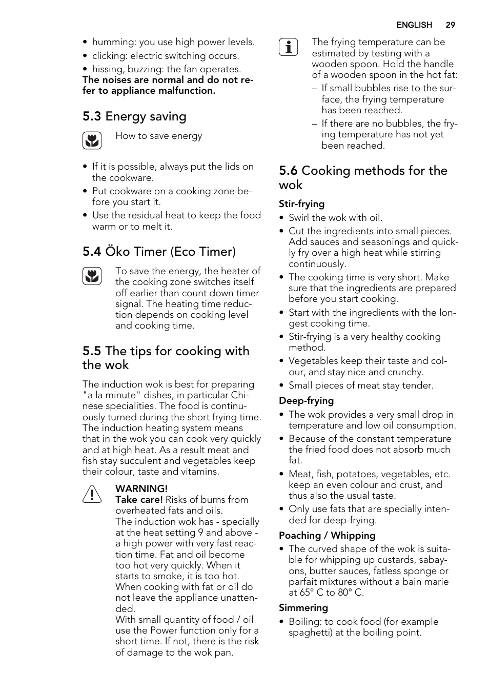 3 energy saving, 4 öko timer (eco timer), 5 the tips for cooking with the wok | 6 cooking methods for the wok | AEG HC452020EB User Manual | Page 29 / 72