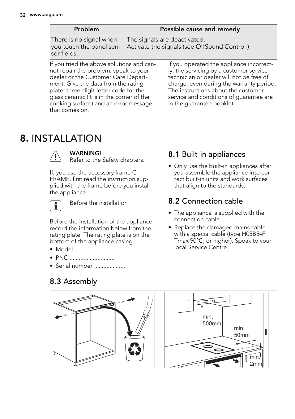 Installation, 1 built-in appliances, 2 connection cable | 3 assembly | AEG HC452020EB User Manual | Page 32 / 72