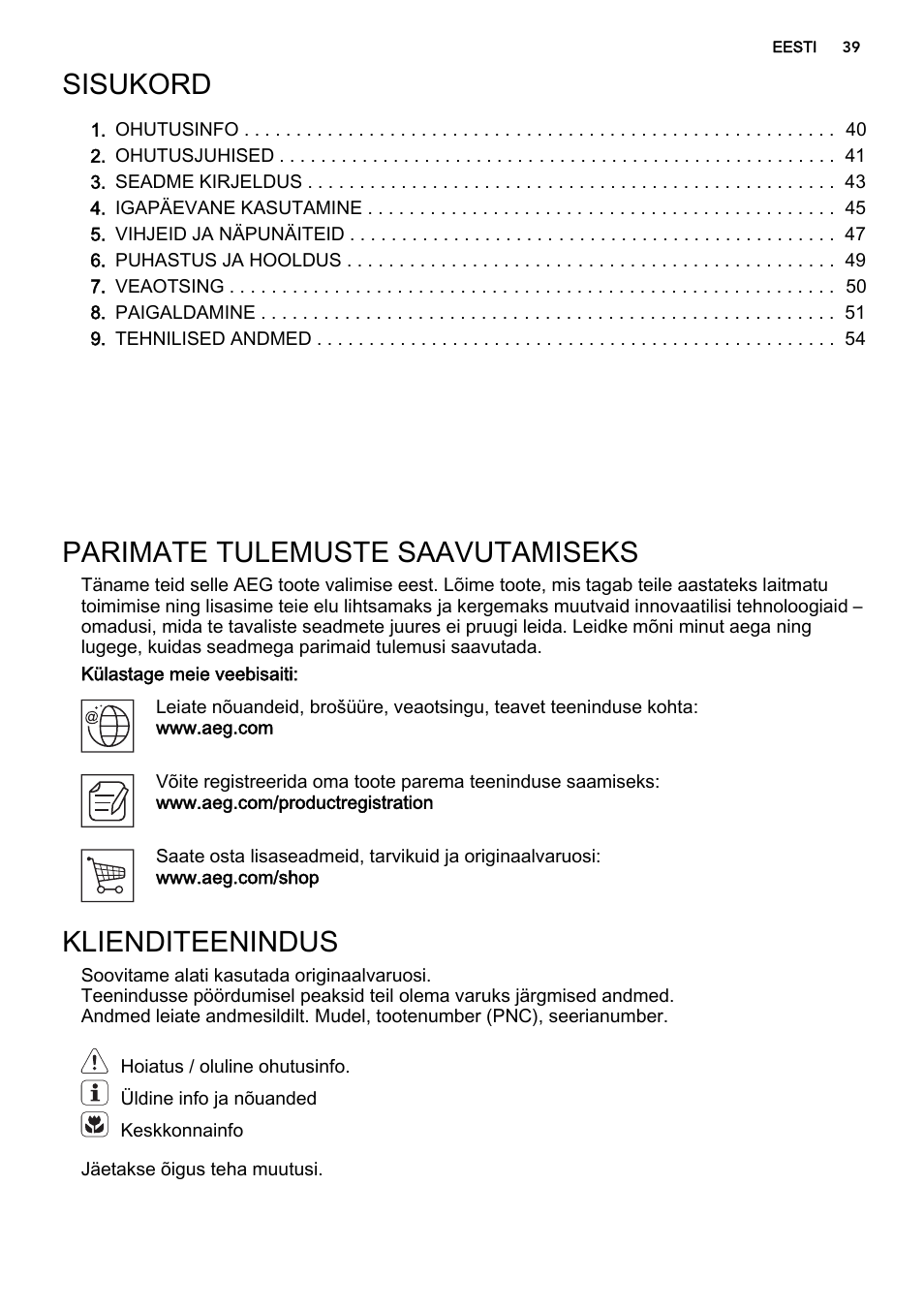 Sisukord, Parimate tulemuste saavutamiseks, Klienditeenindus | AEG HC452020EB User Manual | Page 39 / 72