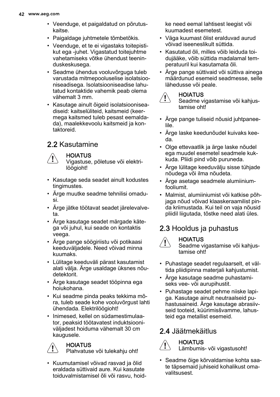 2 kasutamine, 3 hooldus ja puhastus, 4 jäätmekäitlus | AEG HC452020EB User Manual | Page 42 / 72