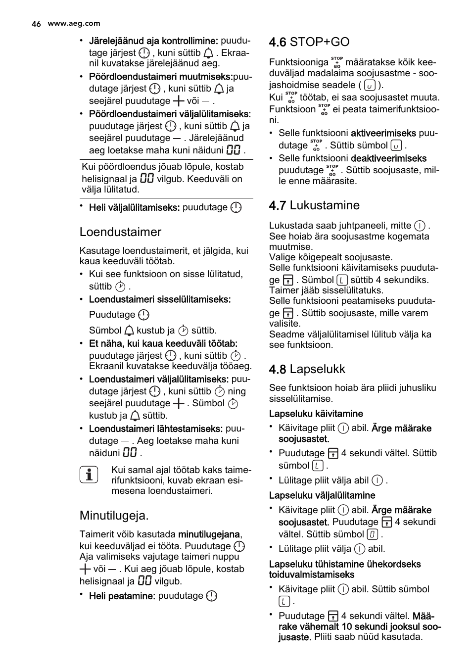 Loendustaimer, Minutilugeja, 6 stop+go | 7 lukustamine, 8 lapselukk | AEG HC452020EB User Manual | Page 46 / 72